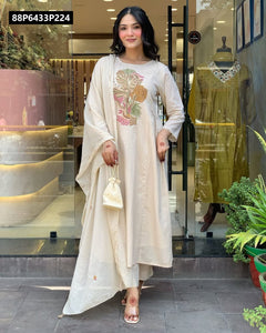 TRENDBUY Rayon Slub Embroidered Kurti with Palazzo & Chanderi Dupatta