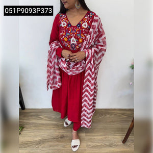 TRENDBUY Red Embroidered Cotton Mul Chanderi Kurti Set with Dupatta & Pant