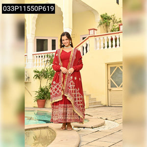 TRENDBUY Red Embroidered Faux Blooming Gown & Dupatta Set