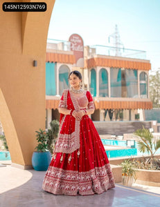 TRENDBUY Red Embroidered Fox Georgette Lehenga Choli & Dupatta Set