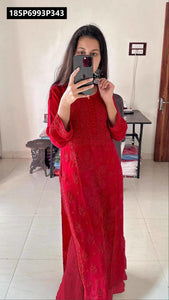 TRENDBUY Red Embroidered Georgette Kurta Set with Dupatta & Pant