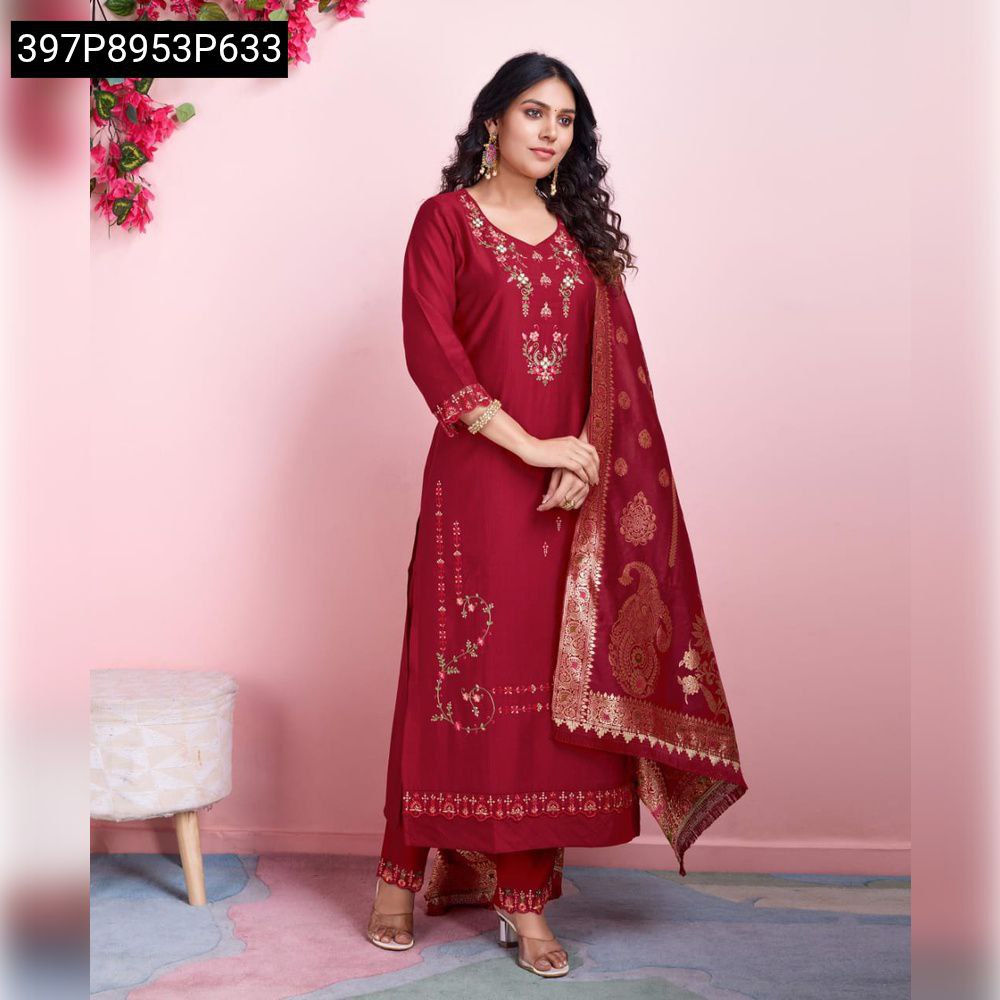 Elegant full body shot of a model wearing the TRENDBUY red embroidered kurti set, showcasing the flowing silhouette and draped dupatta.