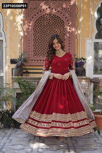 TRENDBUY Red Faux Blooming Anarkali Gown with Sequin Dupatta