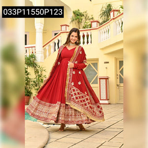 TRENDBUY Red Faux Blooming Embroidered Gown with Zari Sequins Dupatta