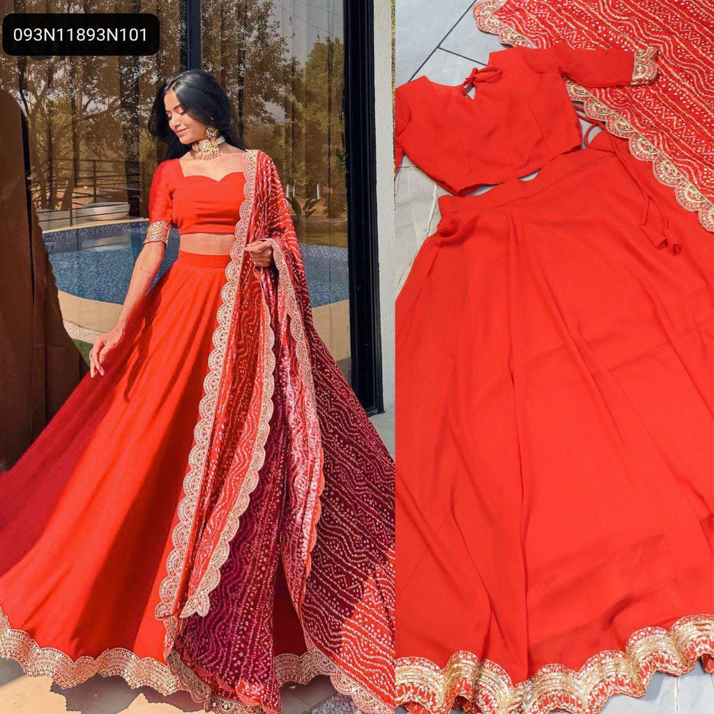 TRENDBUY Red Georgette Lehenga Choli set featuring a model gracefully posing by a poolside, showcasing the intricate embroidery on the dupatta and lehenga border.