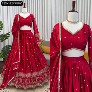 TRENDBUY Red Japan Satin Thread-Sequence Lehenga Choli with Dupatta