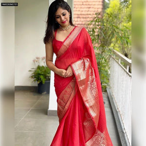 TRENDBUY Red Lichi Art Silk Saree with Jacquard Border & Unstitched Blouse