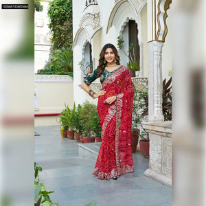 TRENDBUY Red Pure Bandhrej Saree with Green Mono Silk Blouse - Heavy Pitha Gota Pati Work