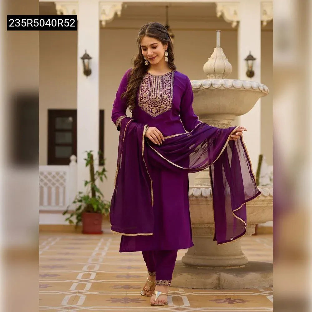 TRENDBUY Women's Purple Rayon Slub Kurti Set with Sequence Embroidery and Chinon Dupatta