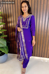 TRENDBUY Roman Cotton Handwork Kurta Pant Set with Silk Dupatta