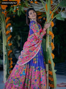 TRENDBUY Royal Blue & Pink Kalamkari Print Cotton Lehenga Choli Set
