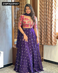 TRENDBUY Royal Purple Sequins Silk Lehenga Choli Set with Printed Chinnon Blouse