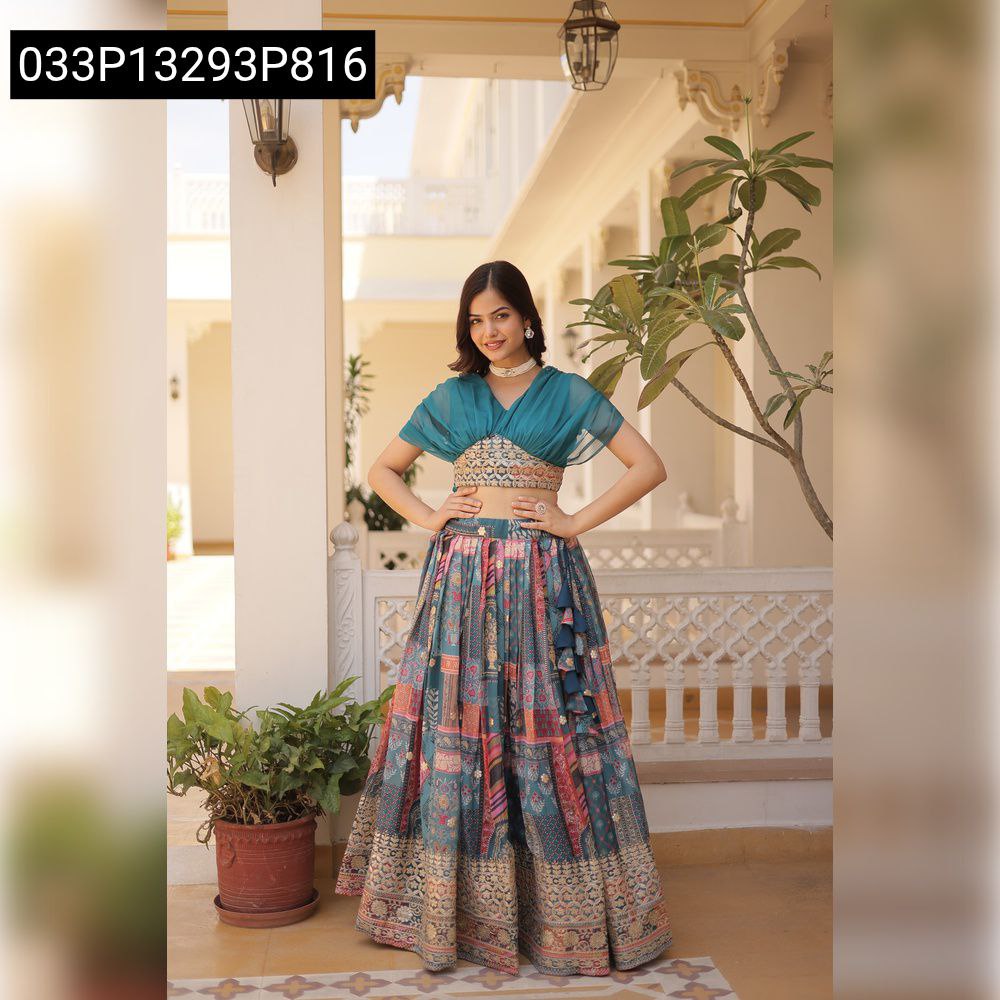 Full body shot of a model elegantly posing in a TRENDBUY Teal Russian Silk Digital Printed Lehenga Choli set with rich foil embroidery.