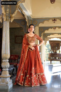 TRENDBUY Rust Gold Sequin Thread Embroidered Silk Lehenga Set