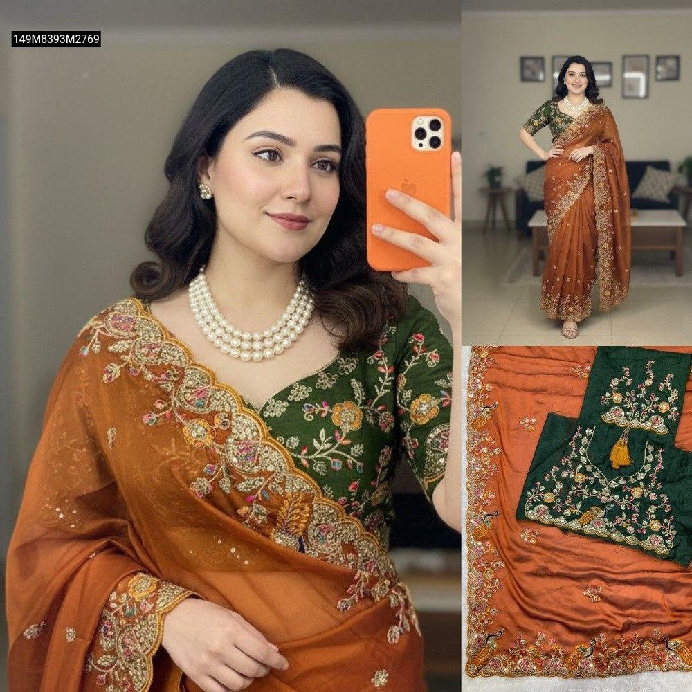 Collage image showing a mirror selfie of the model wearing the saree, and a flat lay of the saree and blouse ensemble, showcasing the complete look and details.