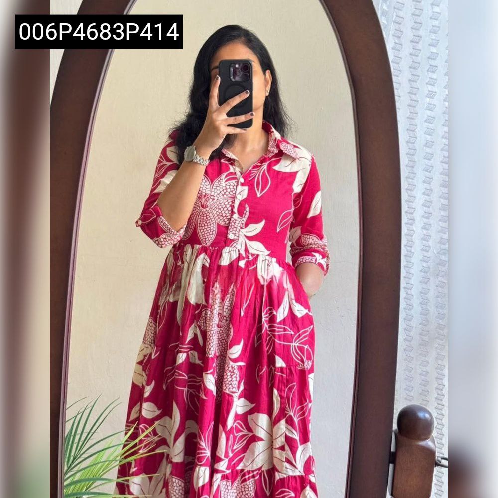 Model wearing TRENDBUY Ruzana Pink Muslin Maxi Dress with white floral print, taking a mirror selfie.
