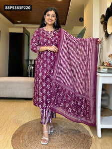 TRENDBUY Saganeri Block Print Rayon Cotton Kurta Set with Mal Dupatta
