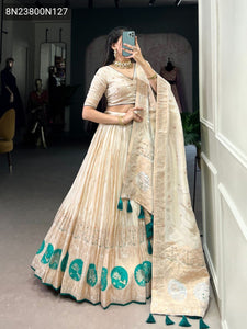 TRENDBUY Shimmer Lehenga Choli with Mirror & Bead Work | Cream & Teal/Purple Accents