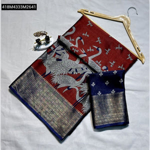 TRENDBUY Soft Dola Silk Saree with All-Over Crane & Dragonfly Print & Rich Zari Pallu