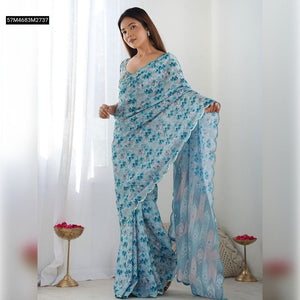TRENDBUY Soft Georgette Silk Printed Saree with Mirror Work Blouse Set for Women