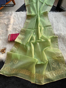 TRENDBUY Soft Kota Doria Zari Chex Saree with Rajasthani Gotapatti Work & Bandhani Blouse