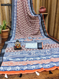 TRENDBUY Soft Linen Cotton Digital Batik Print Saree with Woven Silver Border