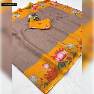 TRENDBUY Soft Linen Saree with Lotus & Cow Motif Designer Pallu