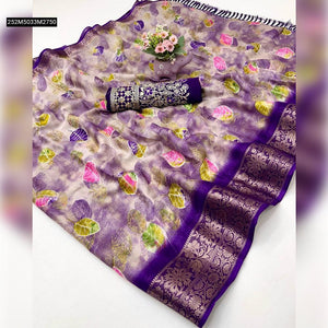 TRENDBUY Soft Moss Saree with Elegant Leaf Print, Zari Border & Embroidered Blouse