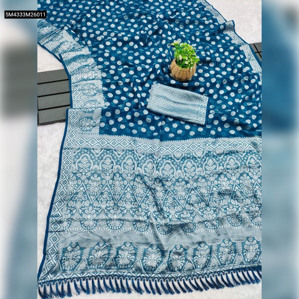TRENDBUY Aqua Blue Mysore Silk Saree with small white motifs, intricate white zari border, and matching pallu with tassels, displayed with blouse piece.