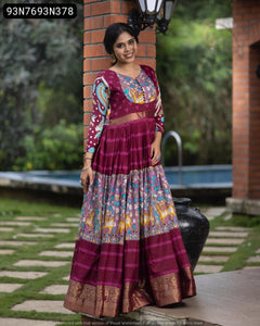 TRENDBUY Soft Silk Kalamkari Print Gown with Zari Border