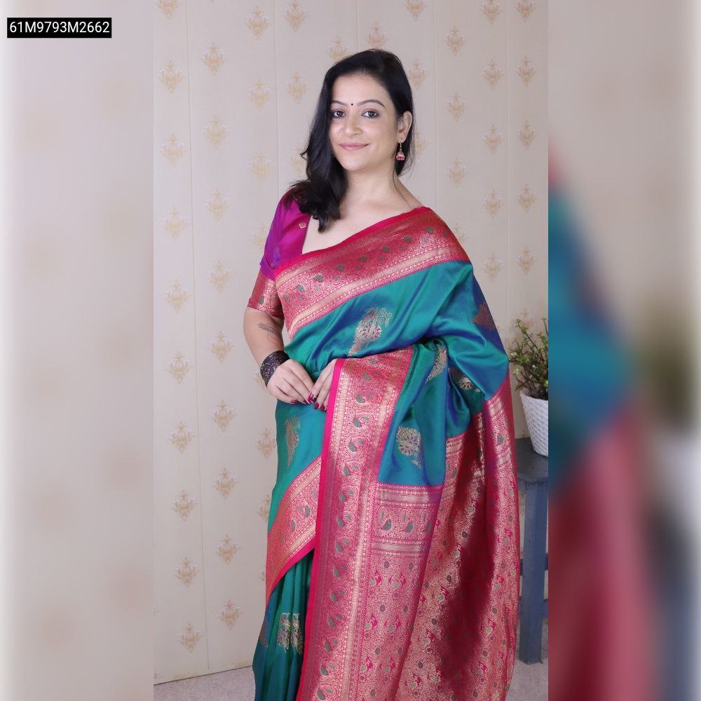 TRENDBUY Teal Pink Soft Silk Saree with peacock motifs and a model showcasing the full drape.