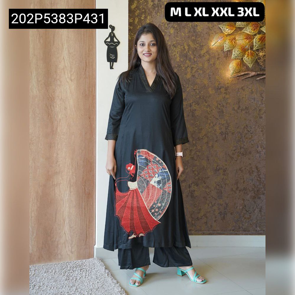 Black Tesla Slub kurta set with figurative dancer embroidery, full body model shot.