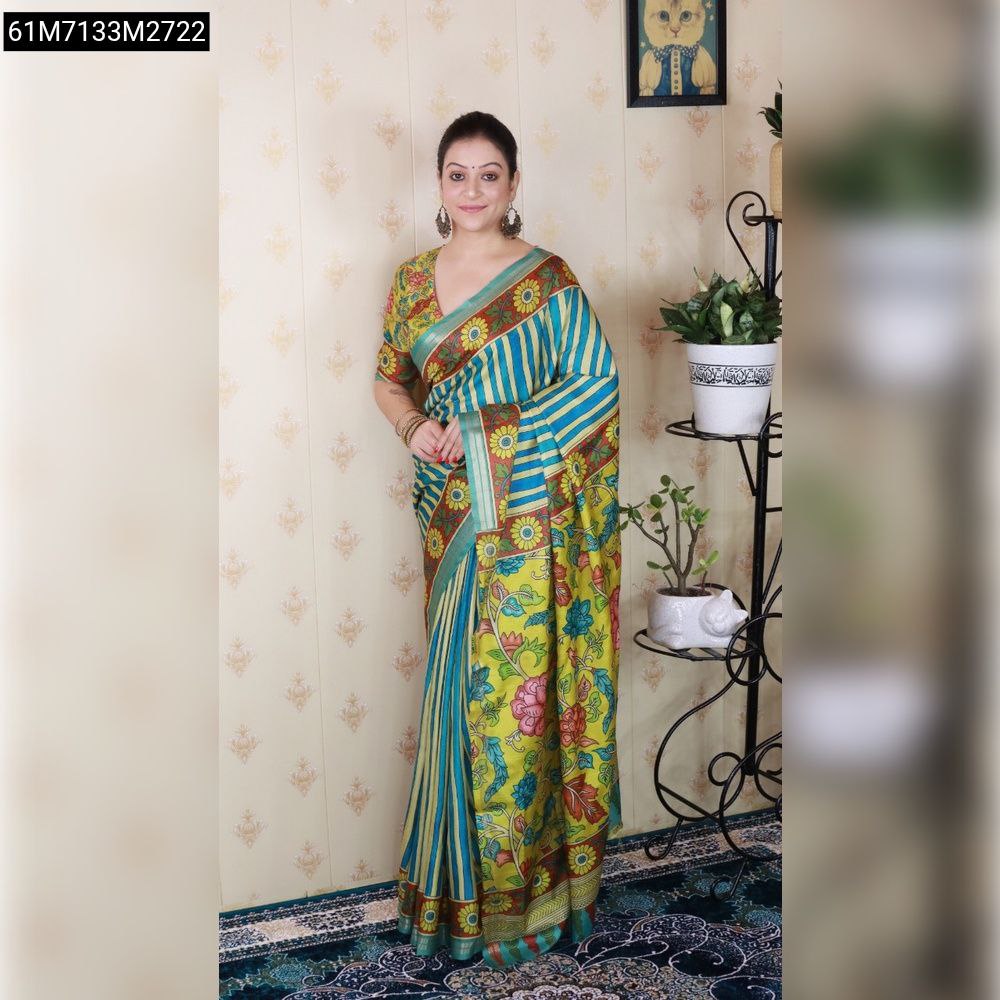 TRENDBUY Aqua Blue & Yellow Tussar Silk Saree with vertical stripes, Kalamkari floral pallu, and Zari border, draped elegantly by a model.
