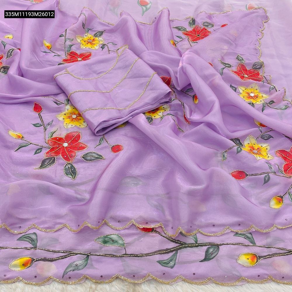 Full view of TRENDBUY Lavender Zimmy Choo Silk Saree, gracefully spread, featuring a captivating floral print, intricate bead and Katdana handwork, and dazzling real mirror embellishments.