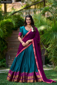 TRENDBUY South Style Zari Weaving Poly Cotton Half Saree Lehenga with Georgette Dupatta