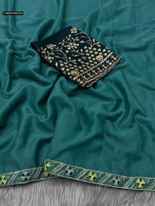 TRENDBUY Star Georgette Saree with Handwork Border & Heavy Contrast Blouse