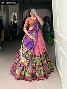 TRENDBUY Tasar Silk Kalamkari Foil Work Lehenga Choli & Dupatta