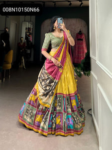 TRENDBUY Tasar Silk Kalamkari Lehenga Choli with Foil Work & Dupatta Set