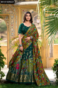 TRENDBUY Tasar Silk Kalamkari Print Lehenga Choli with Foil Work Border & Dupatta