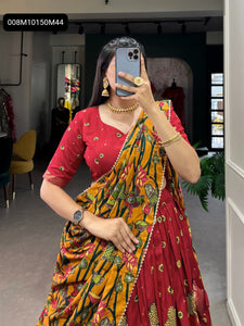 TRENDBUY Tasar Silk Kalamkari Print Lehenga Choli with Foil Work & Can-Can Flair