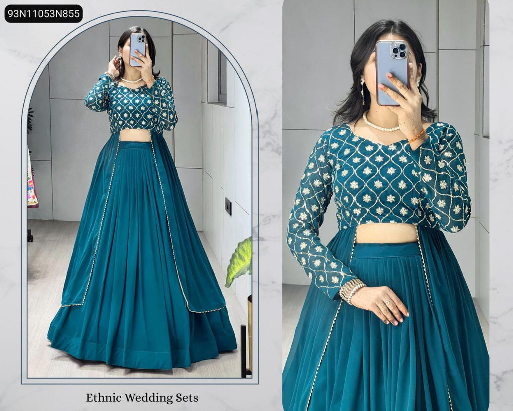 TRENDBUY Teal Blue embroidered georgette Indo-Western lehenga kurti set worn by a woman, showing full body and a detailed close-up.