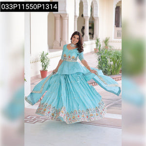 TRENDBUY Teal Blue Gold Crush Embroidered Peplum Lehenga Choli Set