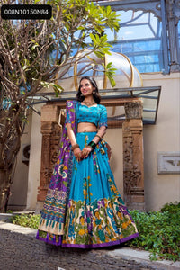 TRENDBUY Teal Blue Kalamkari Printed Tasar Silk Lehenga Choli Set with Dupatta