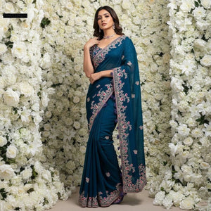 TRENDBUY Teal Blue Rangoli Silk Saree with Heavy Embroidery & Cutwork Border