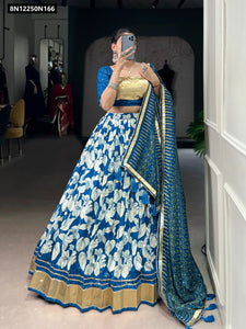 TRENDBUY Teal Blue Tasar Silk Lehenga Choli Set with Floral Print & Foil Work