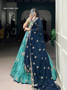 TRENDBUY Teal Embroidered Slab Silk Lehenga Choli with Navy Blue Dupatta