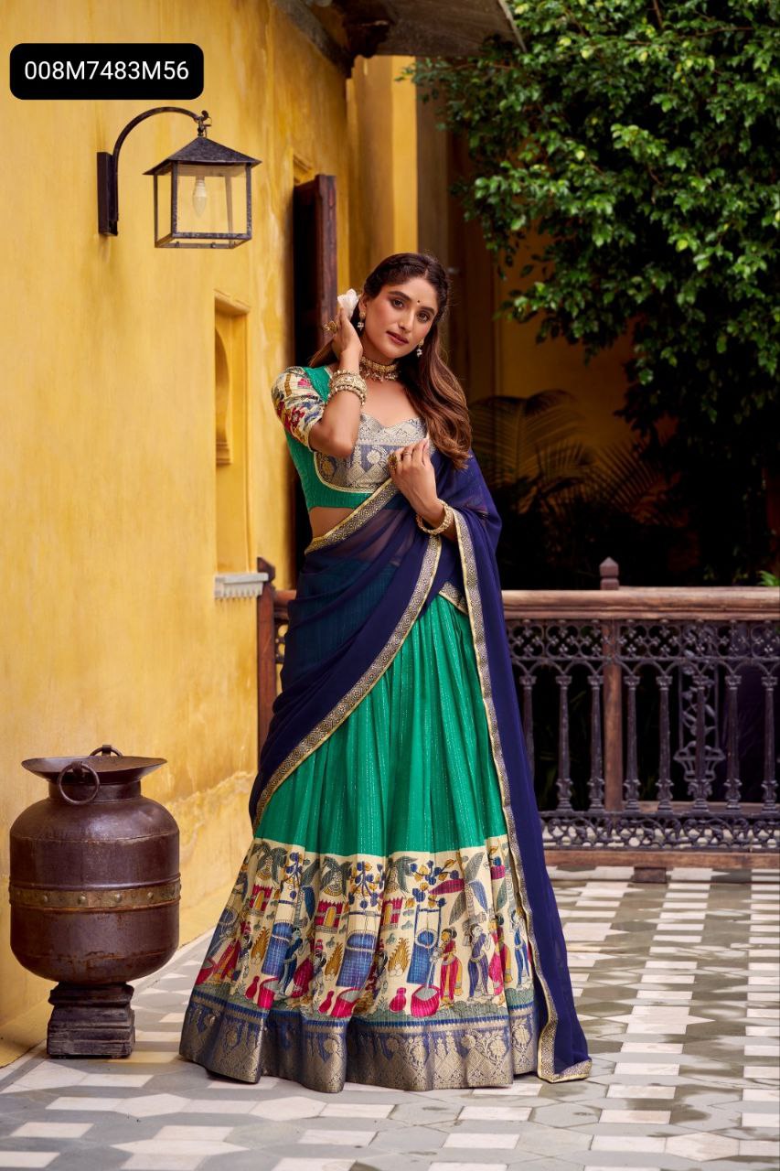 Model in a vibrant green Vichitra Silk lehenga choli with a detailed Paithani border and navy blue Jacquard dupatta, posing elegantly.