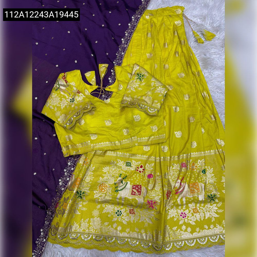 TRENDBUY Yellow Dola Silk Half Saree Lehenga with Gold Jacquard Weaving and Elephant Motifs, paired with a Purple Cutwork Dupatta on a white background.