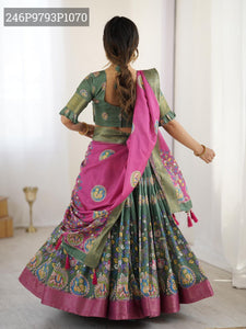 TRENDBUY Tussar Silk Kalamkari Lehenga Choli Set with Zari & Jacquard Border