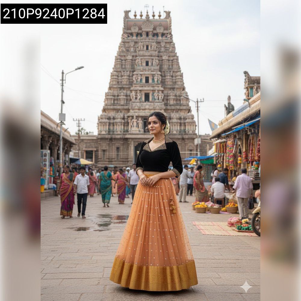 Model posing in a black velvet blouse and peach organza lehenga with a temple in the background.